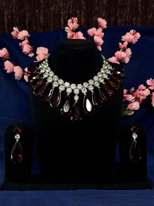 Deep Red American Diamond Teardrop Necklace Set with Earrings