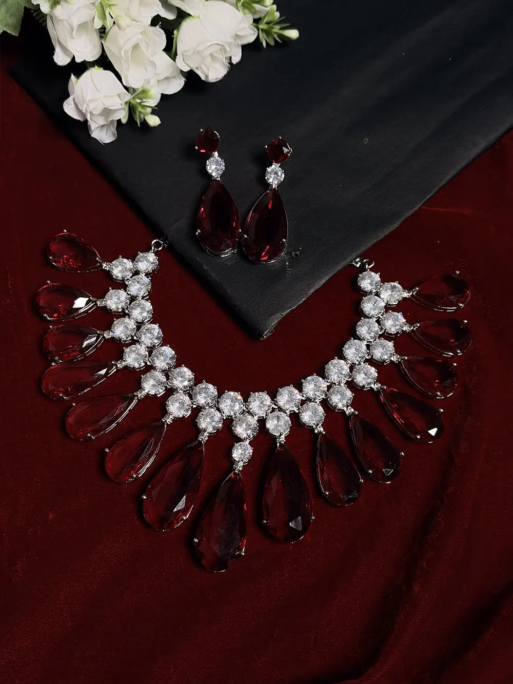 Deep Red American Diamond Teardrop Necklace Set with Earrings