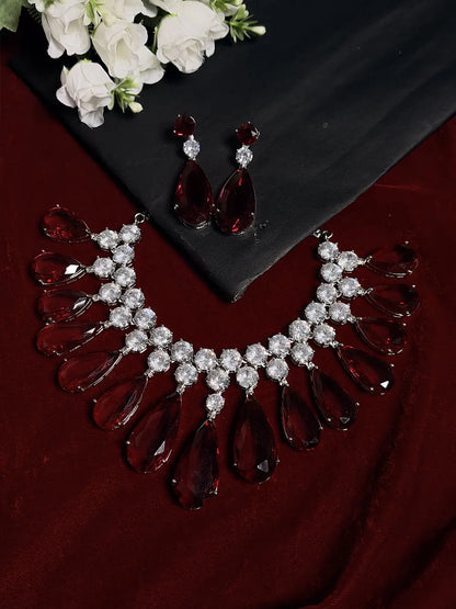 Deep Red American Diamond Teardrop Necklace Set with Earrings