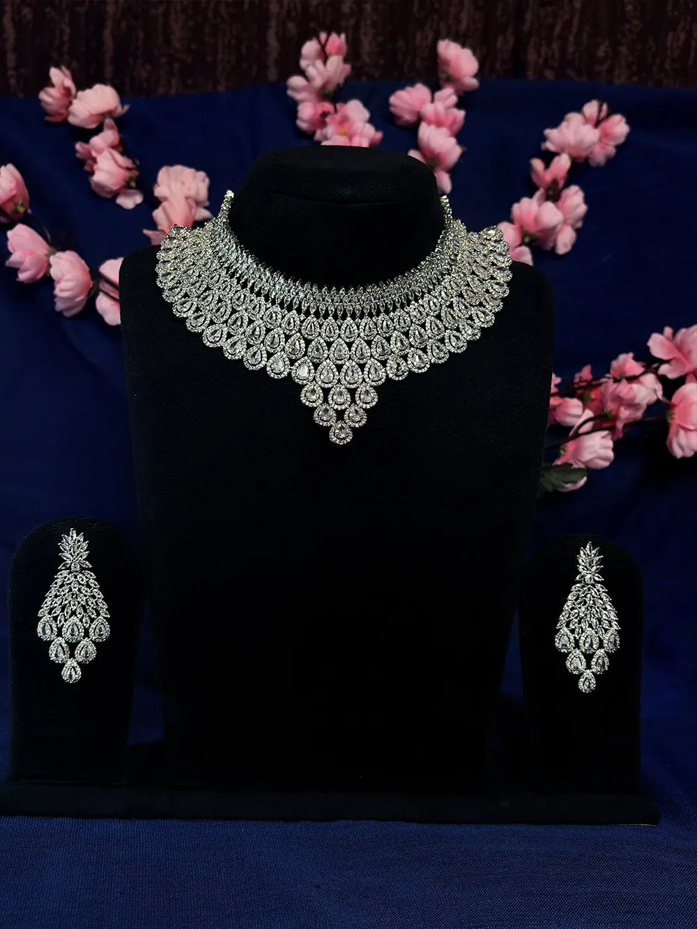 White American Diamond Bridal Choker Necklace Set with Dangler Earrings