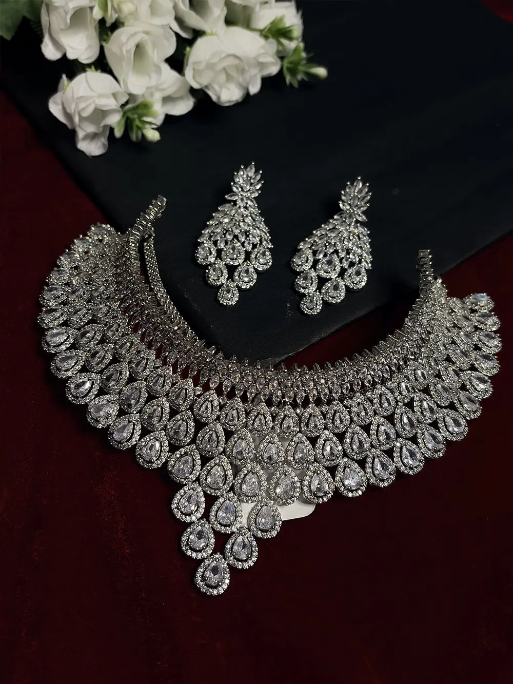 White American Diamond Bridal Choker Necklace Set with Dangler Earrings