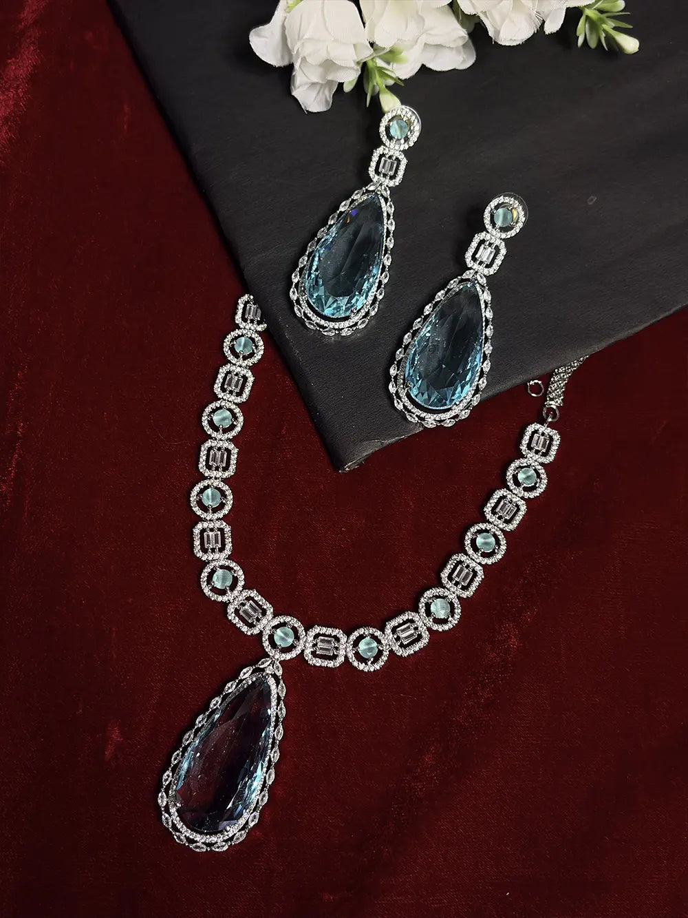 Aqua Blue American Diamond Necklace Set with Drop Earrings