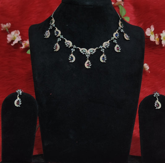 American Diamond Necklace Set with Multi-Colour Paisley Design