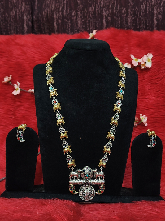 Silver replica long temple necklace with antique finish and cow motifs