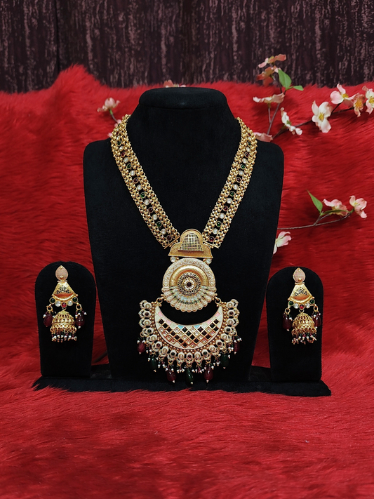 Antique temple long necklace set with grand pendant and matching jhumka earrings in pure copper finish