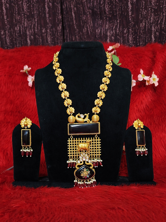 Apala Long State red stone temple necklace set with cow motif and matching earrings 