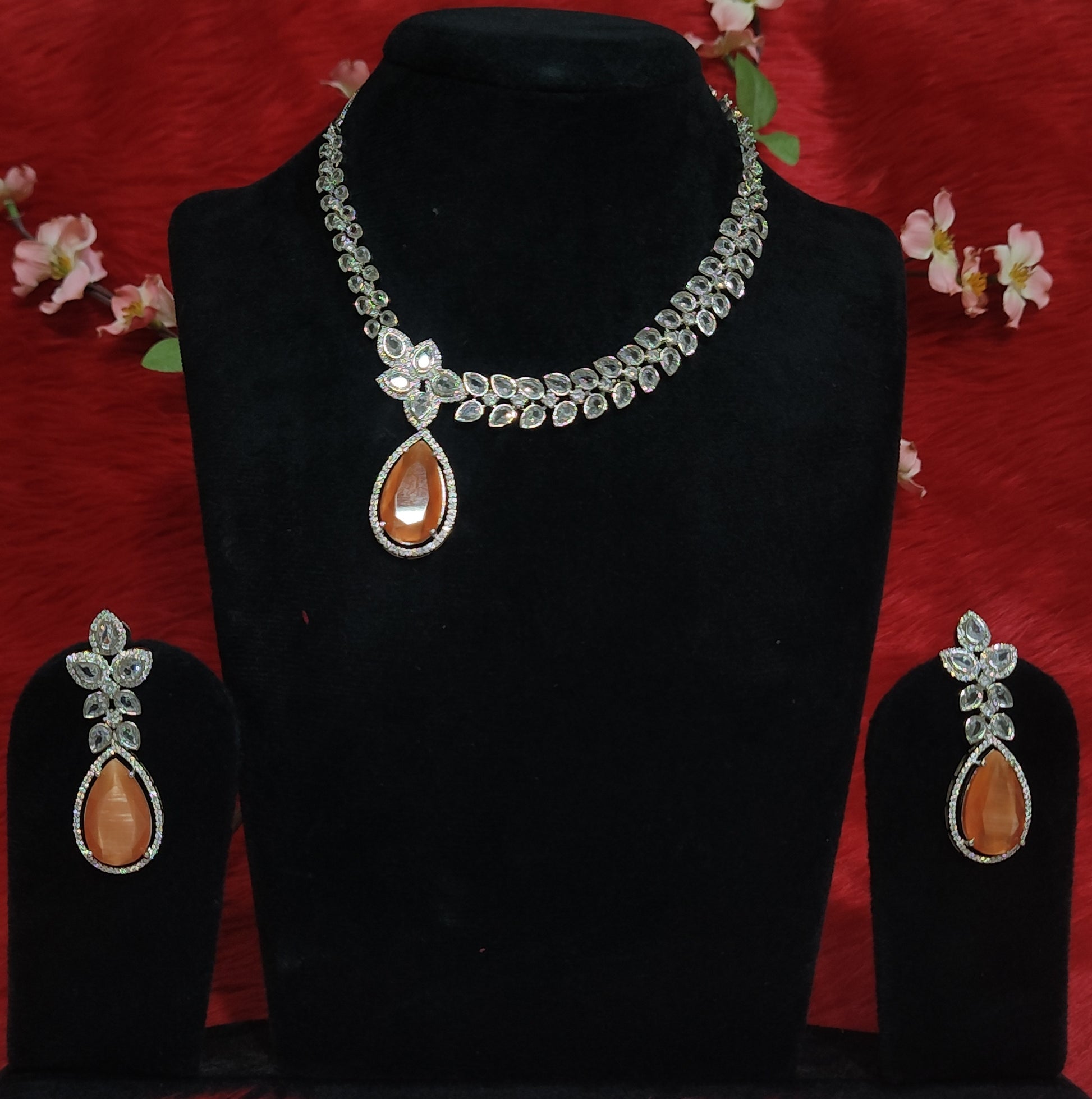 Beautiful American Diamond Necklace Set with Orange Stone Pendant