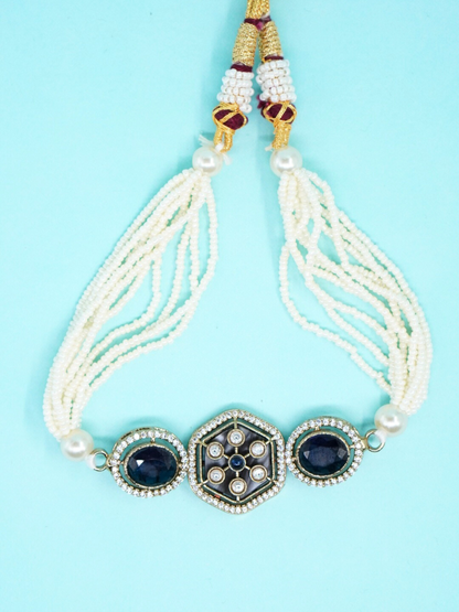 Beautiful Moissanite Choker  Necklace Set with Blue Stones and White Beads