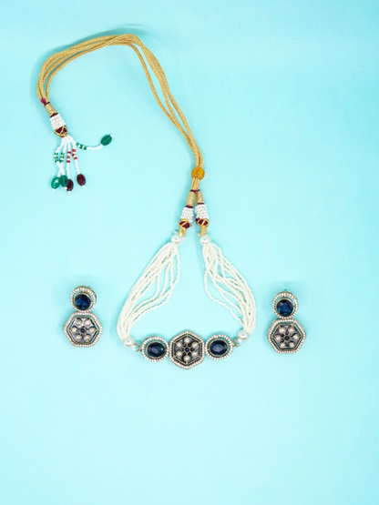 Beautiful Moissanite Choker  Necklace Set with Blue Stones and White Beads with earrings