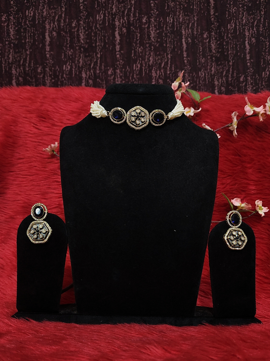 Beautiful Moissanite Choker  Necklace Set with Blue Stones and White Beads with earrings  on dummy