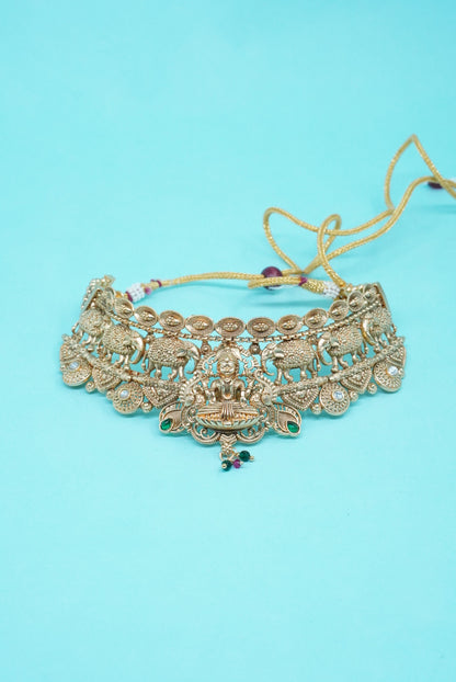 Pure Copper Royal Temple Choker Necklace Set with Earrings & Maang Tikka