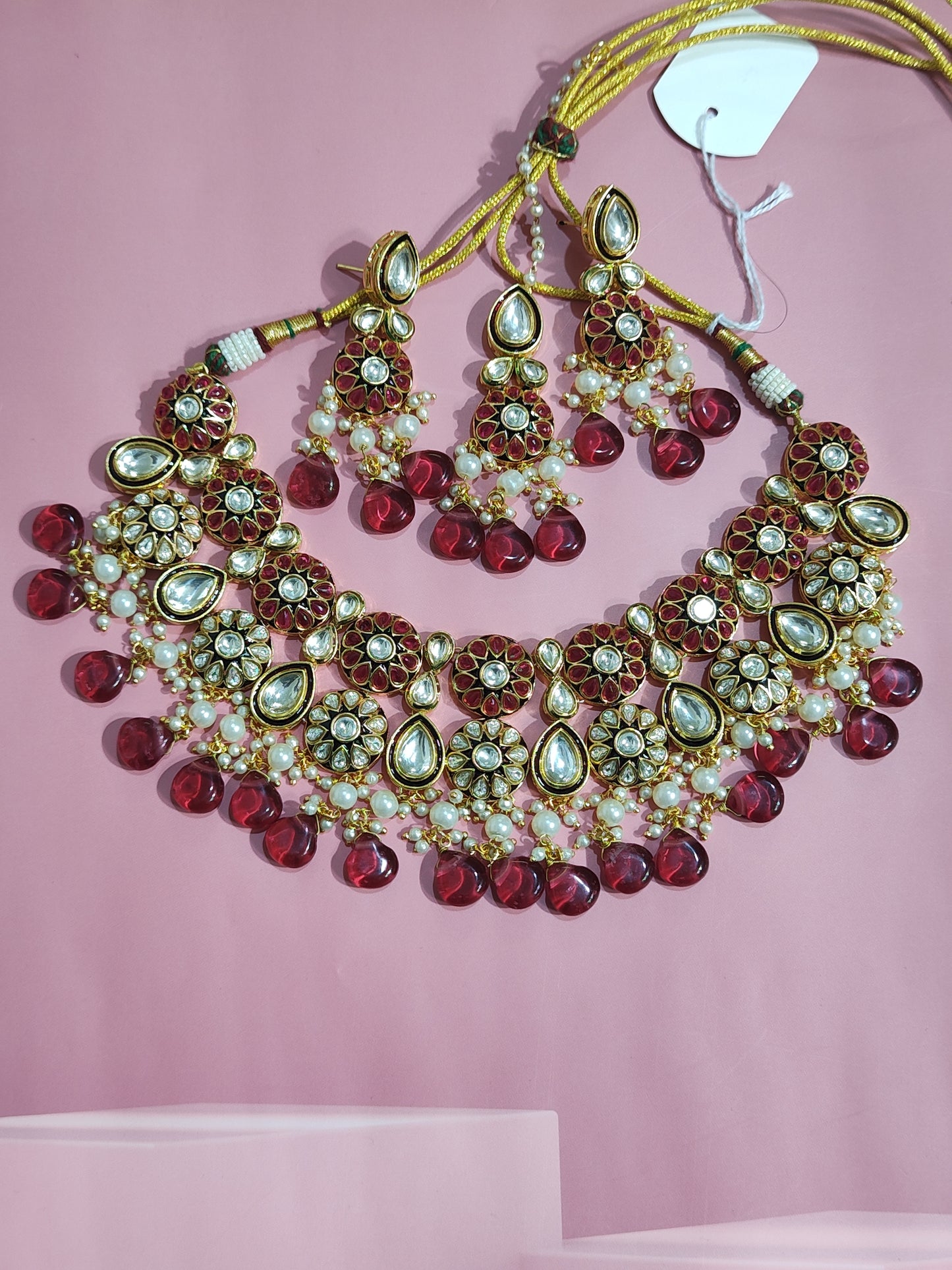Double-Layer Kundan Necklace Set with Deep Red Beads & Pearl Drops 