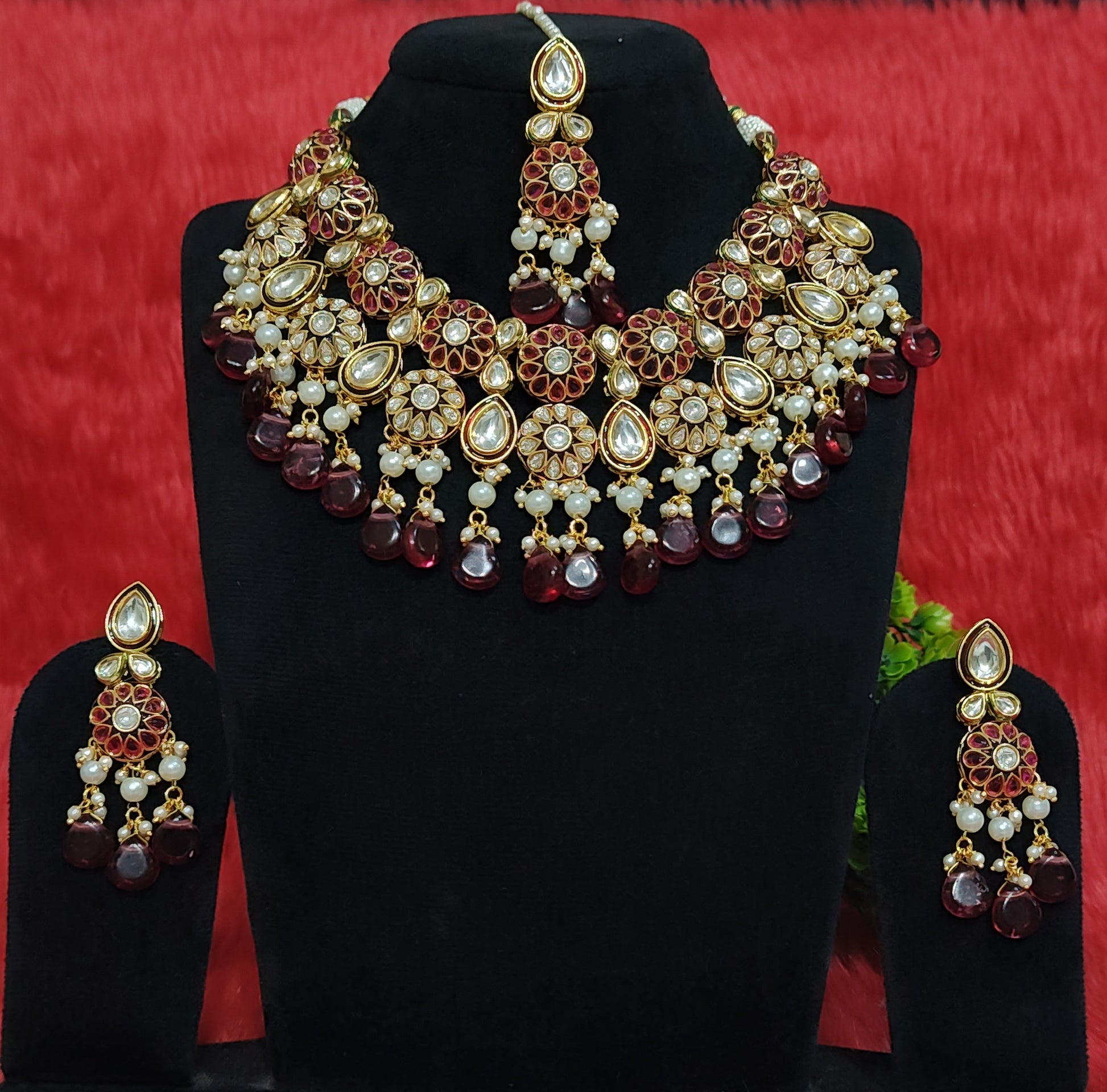 Double-Layer Kundan Necklace Set with Deep Red Beads & Pearl Drops 