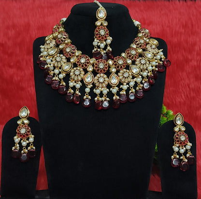 Double-Layer Kundan Necklace Set with Deep Red Beads & Pearl Drops 