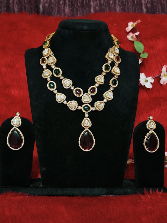 Dual-tone kundan necklace set with green and pink stones, large pendant, and matching earrings 