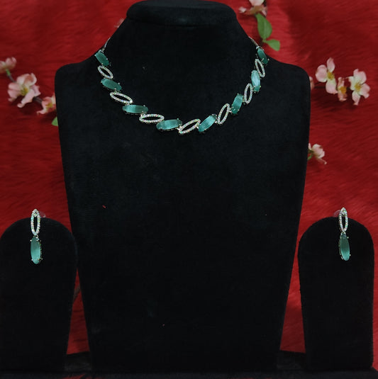 Elegant Green Stone American Diamond Necklace Set