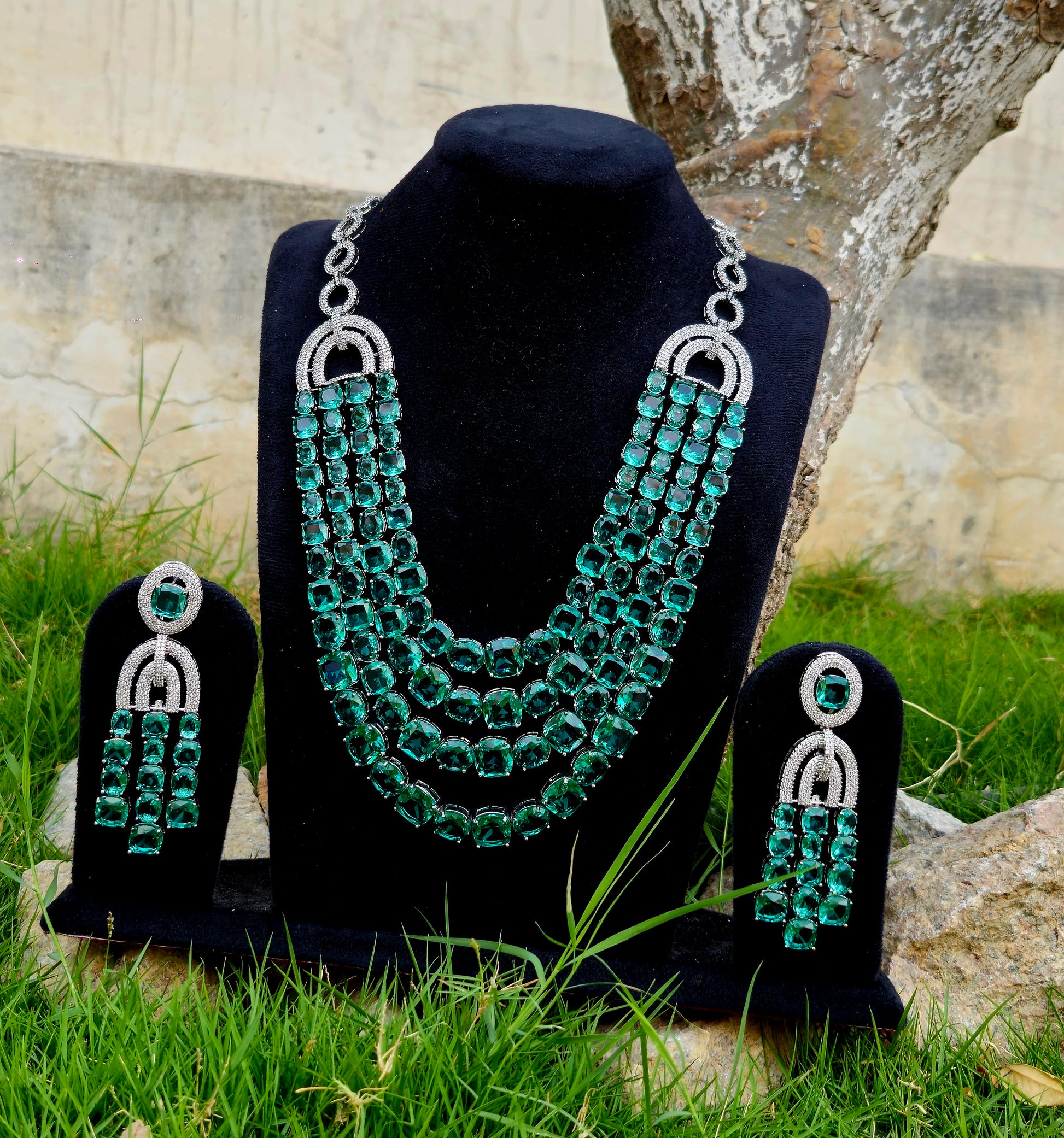Elegant Green Stone Necklace Set with American Diamonds – Royal & Stylish