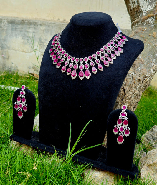 Exquisite Ruby Drop American Diamond Necklace Set