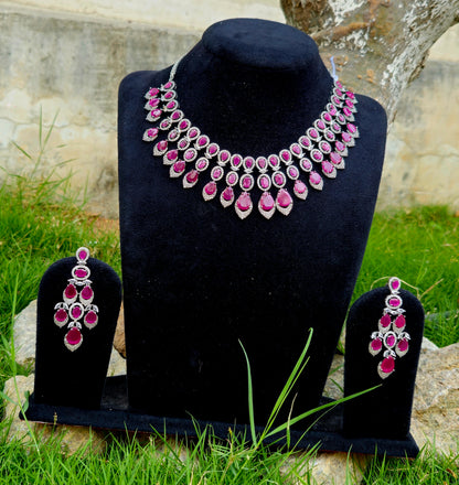 Exquisite Ruby Drop American Diamond Necklace Set