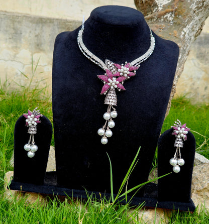 Floral Pearl Drop American Diamond Necklace Set with Pink Stones