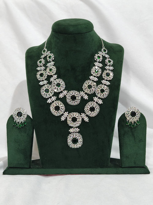 Grand American Diamond bridal necklace set with circular design and emerald green accents – matching earrings included