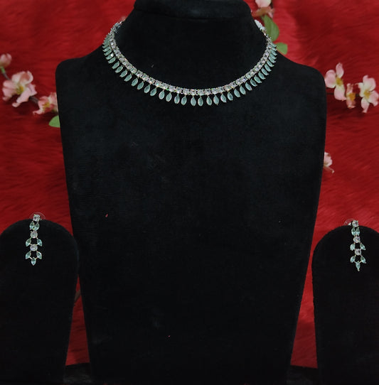 Green Stone American Diamond Choker Necklace Set for Weddings & Parties