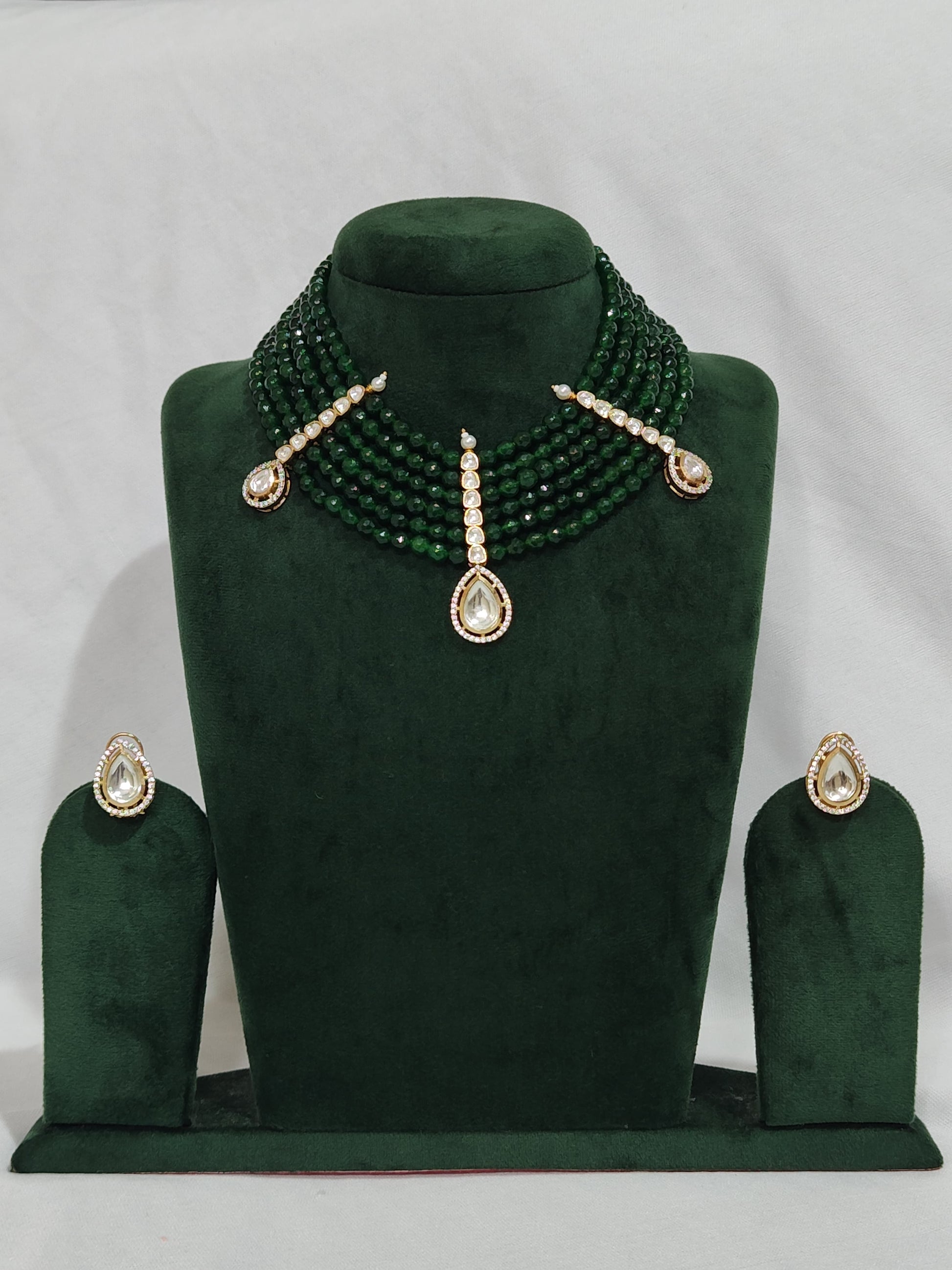 Green beaded kundan choker set with drop pendant and earrings – Indian ethnic jewellery for weddings