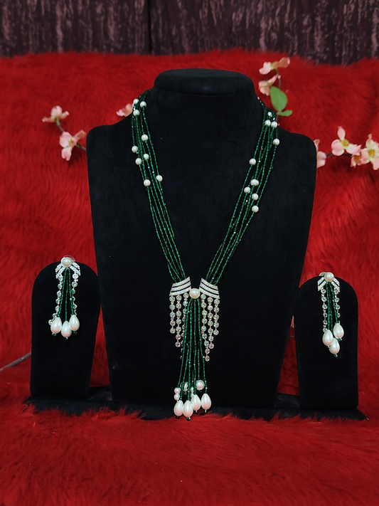 Green hydro bead necklace set with pearls and AD pendant