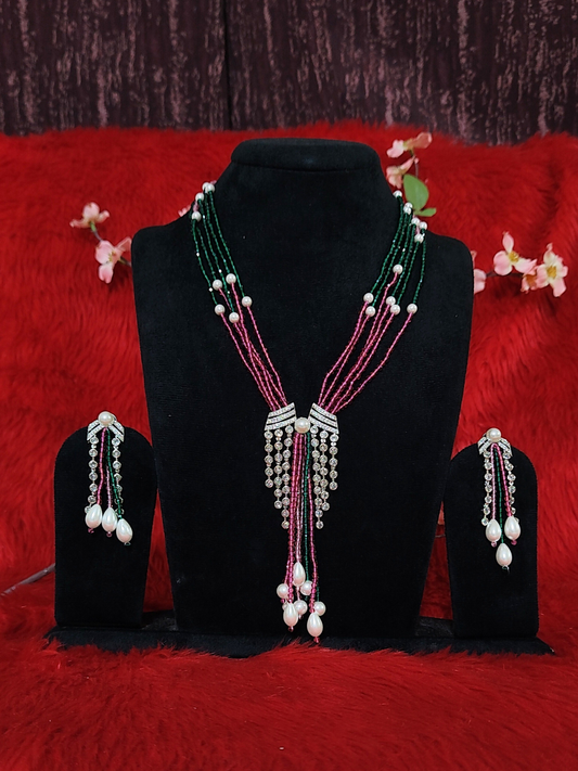 Hydro Beaded Necklace Set with AD Pendant and Earrings in Green & Pink Beads with Pearls