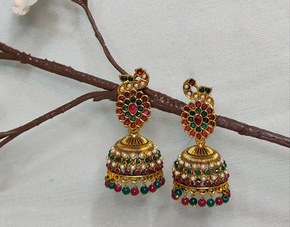 Beautifully Detailed Peacock Design Jhumka Earrings with Pearls & Colorful Beads