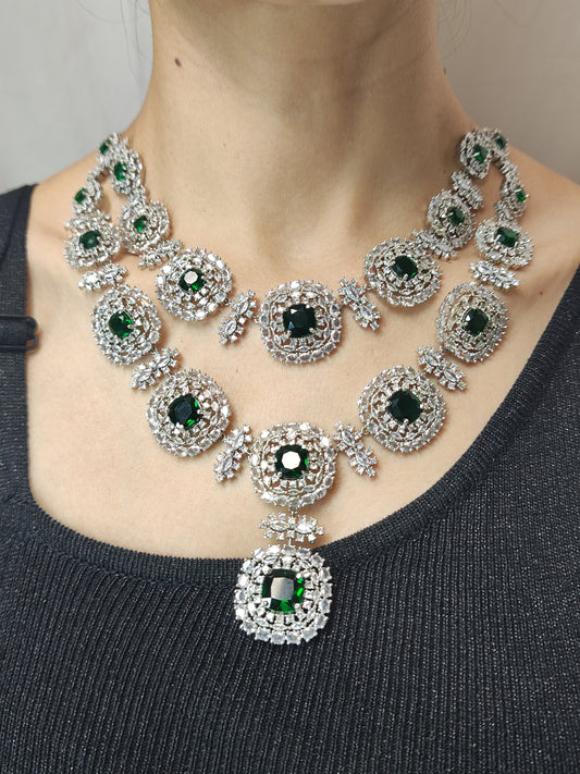 Grand American Diamond bridal necklace set with circular design and emerald green accents – matching earrings included