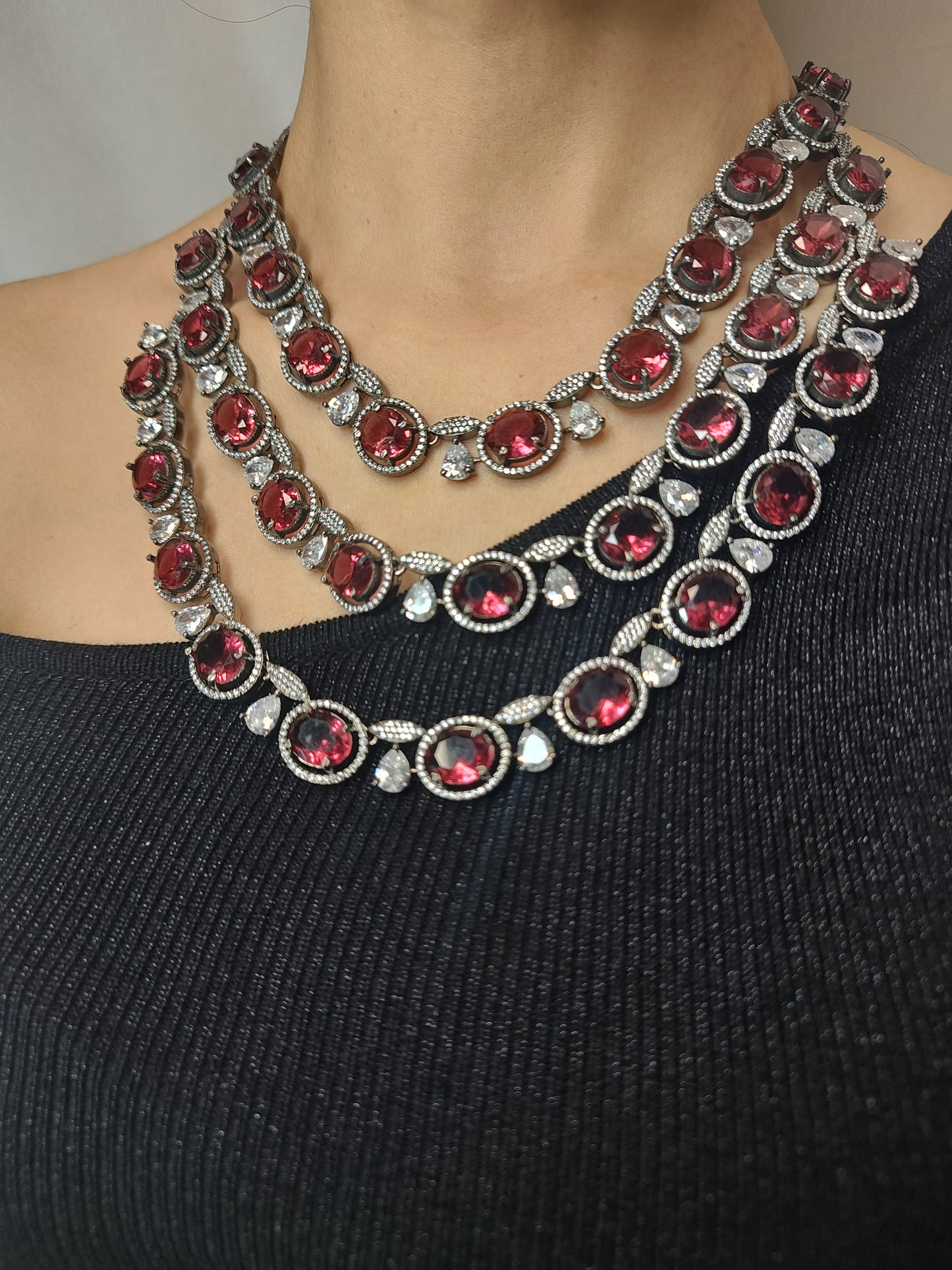 Maroon Triple Layer Necklace Set with White AD Stones – Bridal Jewellery with Earrings
