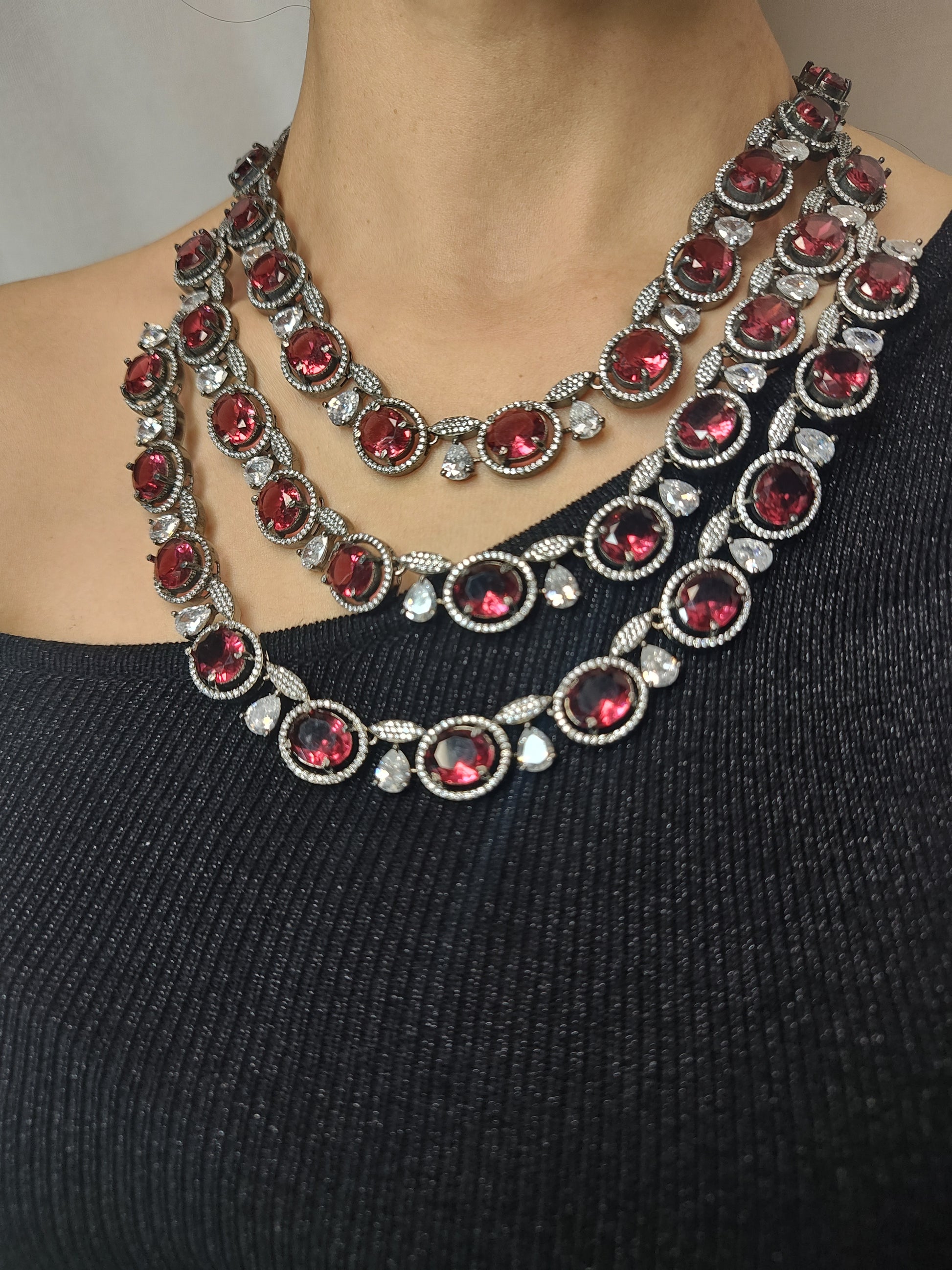 Maroon Triple Layer Necklace Set with White AD Stones – Bridal Jewellery with Earrings