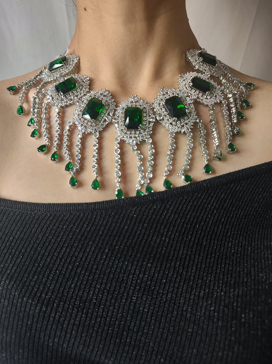 Emerald green and white American diamond bridal necklace set with matching earrings