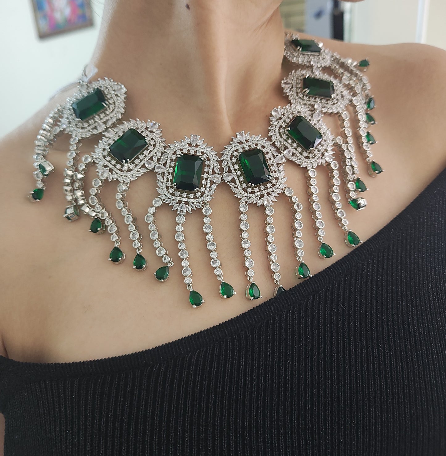Emerald green and white American diamond bridal necklace set with matching earrings