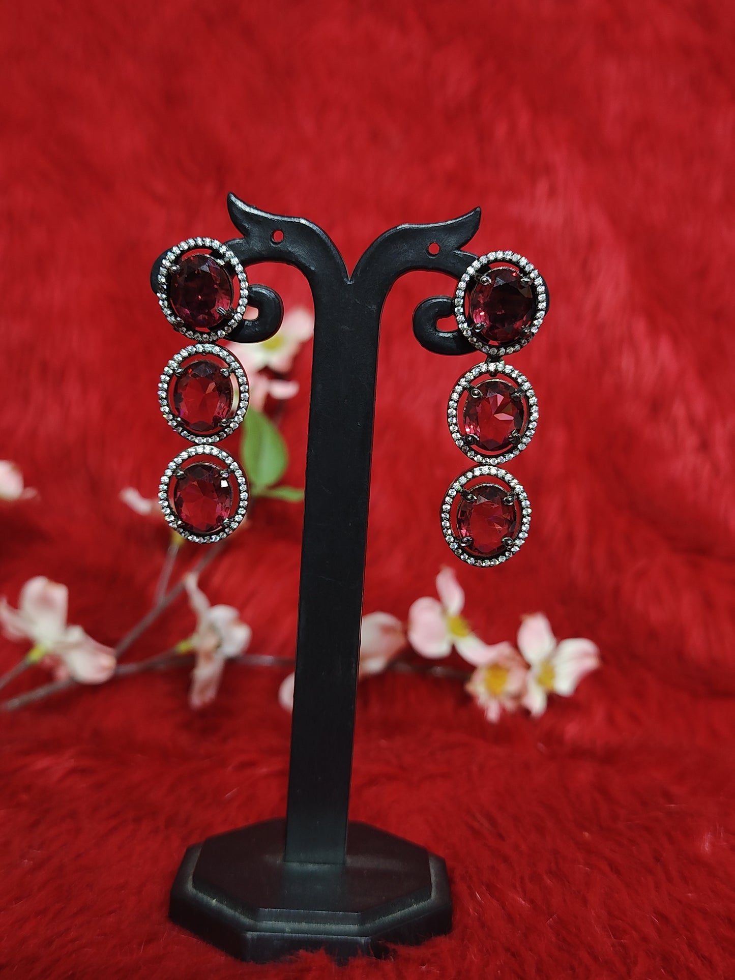 Maroon Triple Layer Necklace Set with White AD Stones – Bridal Jewellery with Earrings