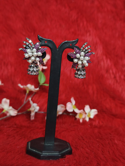 Floral Pearl Drop American Diamond Necklace Set with Pink Stones