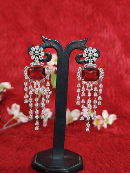 American Diamond Double Layer Necklace Set with Red Stone Pendant & Matching Earrings