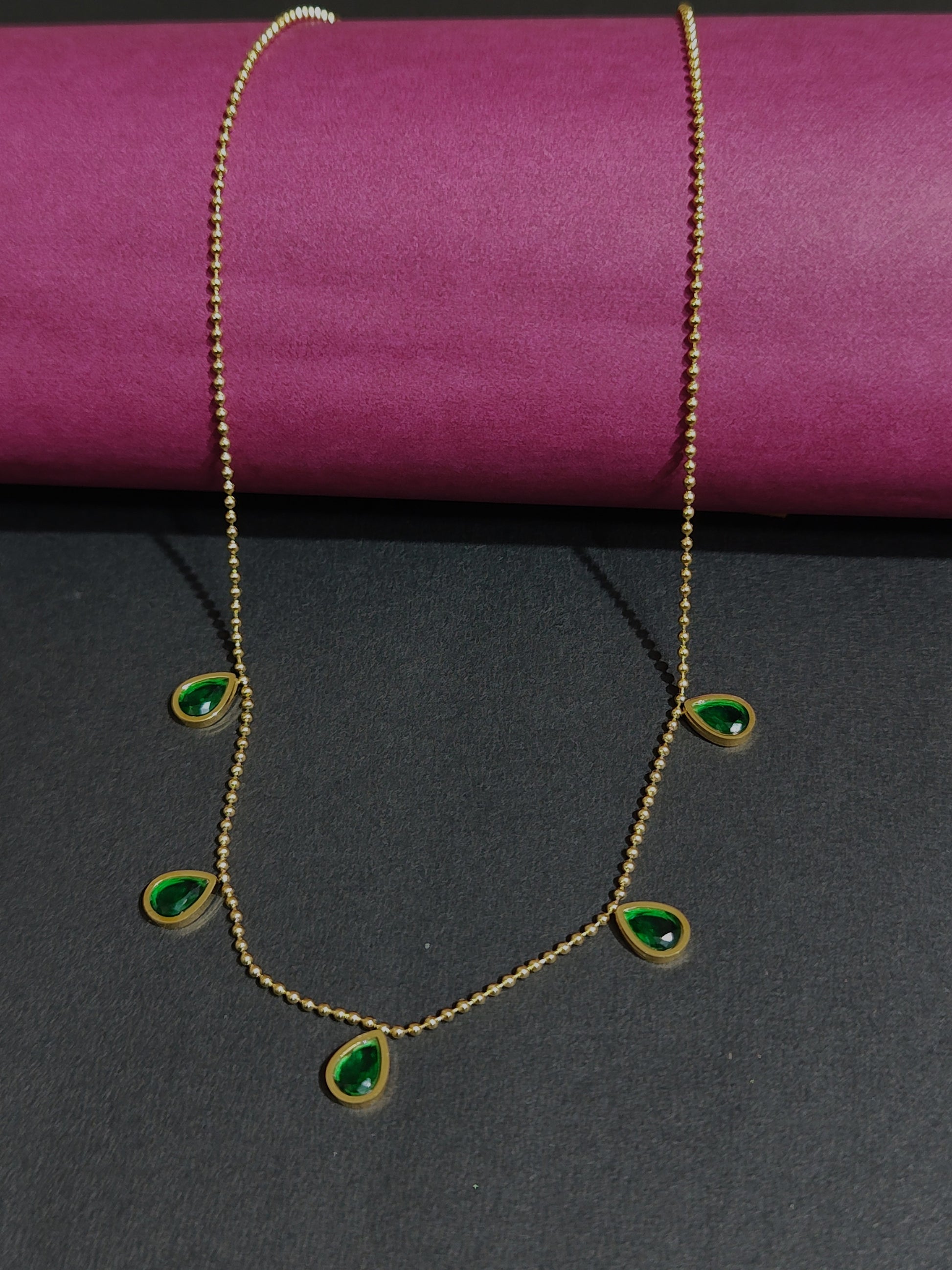 Anti-tarnish gold necklace with green teardrop stones on bead chain