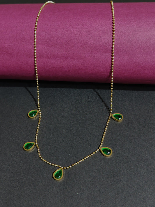 Anti-tarnish gold necklace with green teardrop stones on bead chain