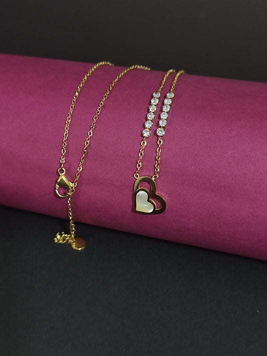 Anti-Tarnish Heart Charm Necklace with Crystal and Mother of Pearl