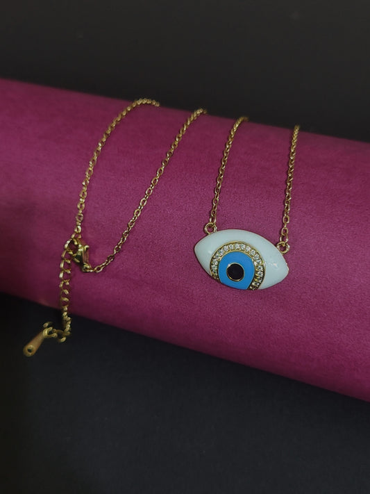 Anti-tarnish evil eye necklace with white enamel and blue center