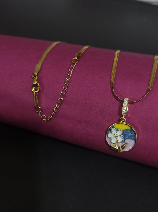 Anti-Tarnish Floral Charm Necklace with Enamel and Crystal Details