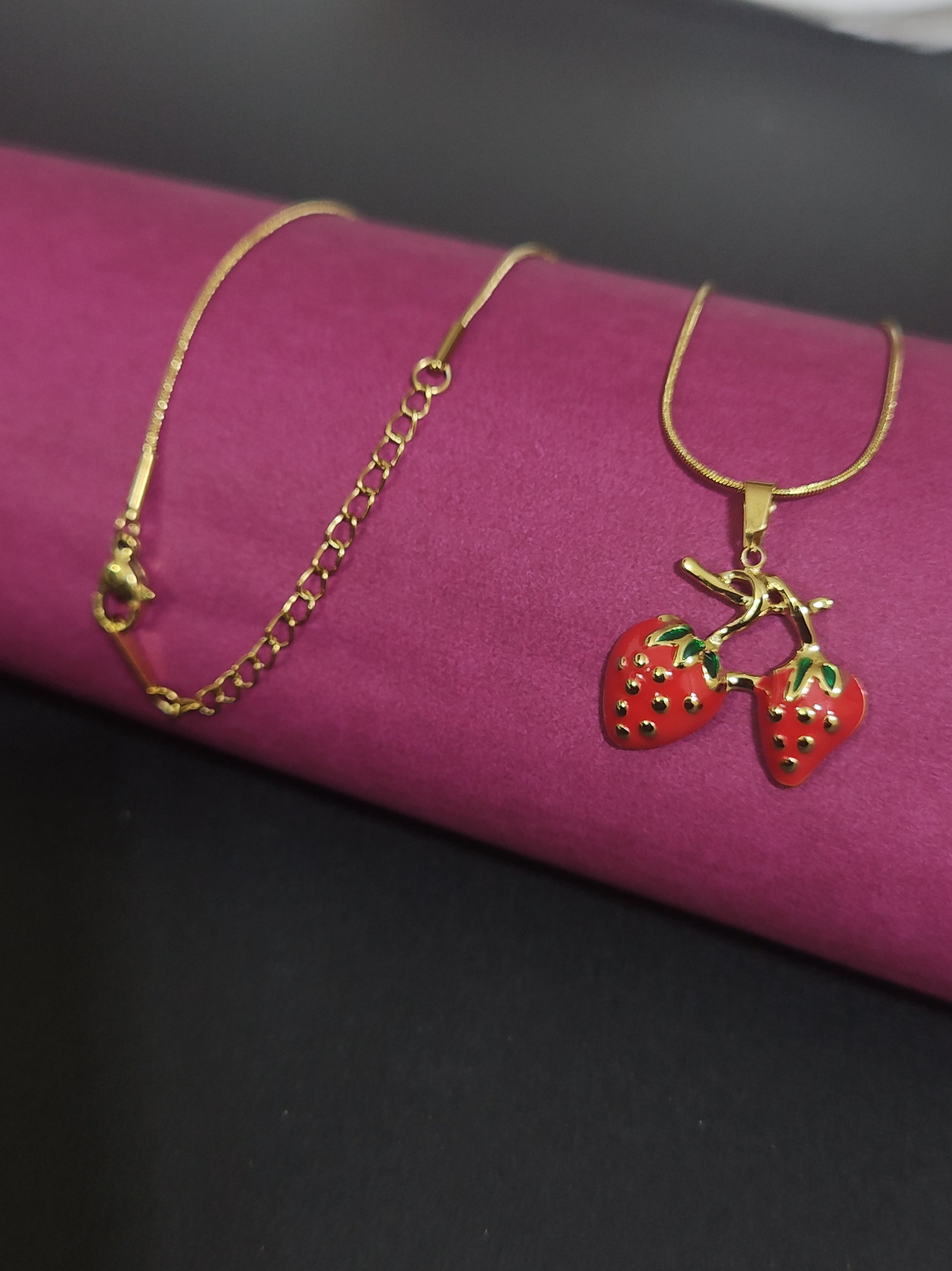 Cute strawberry pendant necklace with gold anti-tarnish chain