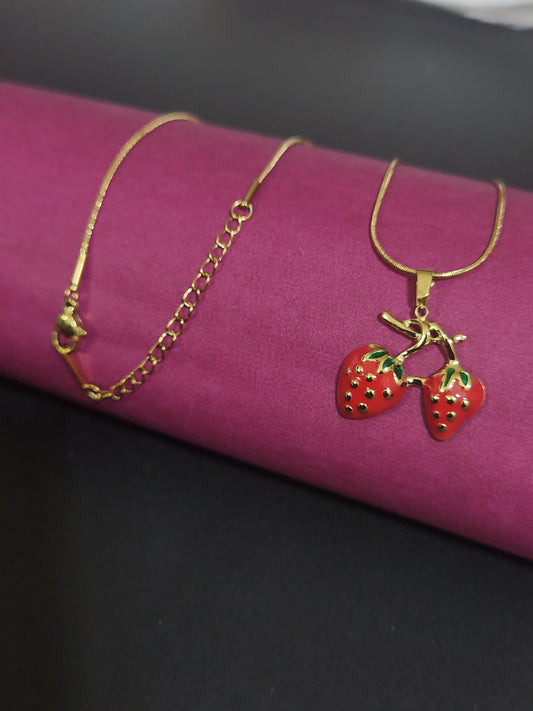 Cute strawberry pendant necklace with gold anti-tarnish chain