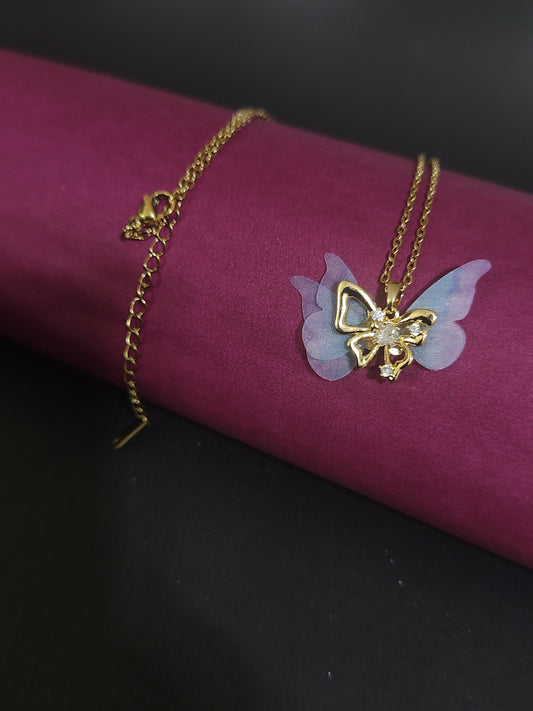 Gold-Plated Butterfly Pendant Anti-Tarnish Necklace with Pastel Wings