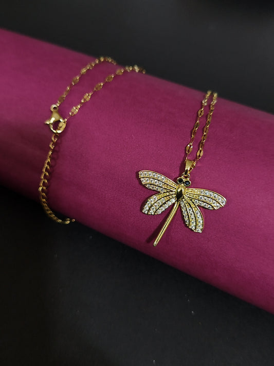 Anti-Tarnish Dragonfly Charm Necklace with Crystal Stone Details