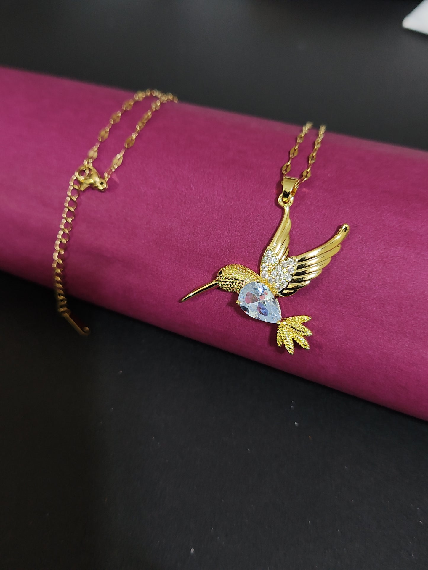 Gold-Plated Anti-Tarnish Hummingbird Pendant Necklace with Crystal Body