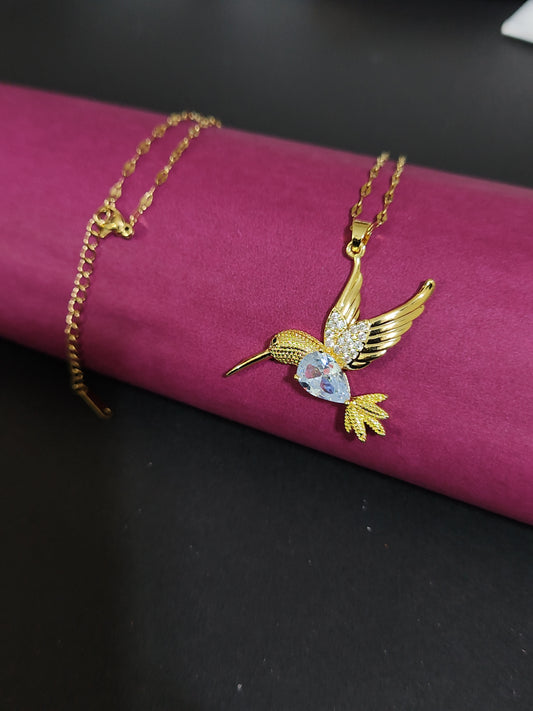 Gold-Plated Anti-Tarnish Hummingbird Pendant Necklace with Crystal Body