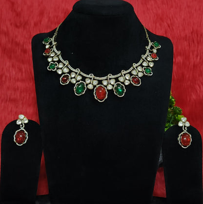 Pota Doublet Kundan Necklace Set with Red & Green Stone